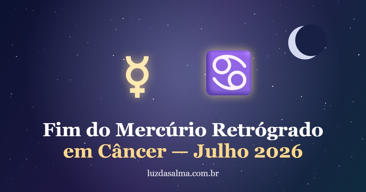 Fim do Mercúrio Retrógrado em Câncer em julho de 2026 com glifos de Mercúrio e Câncer sobre céu estrelado
